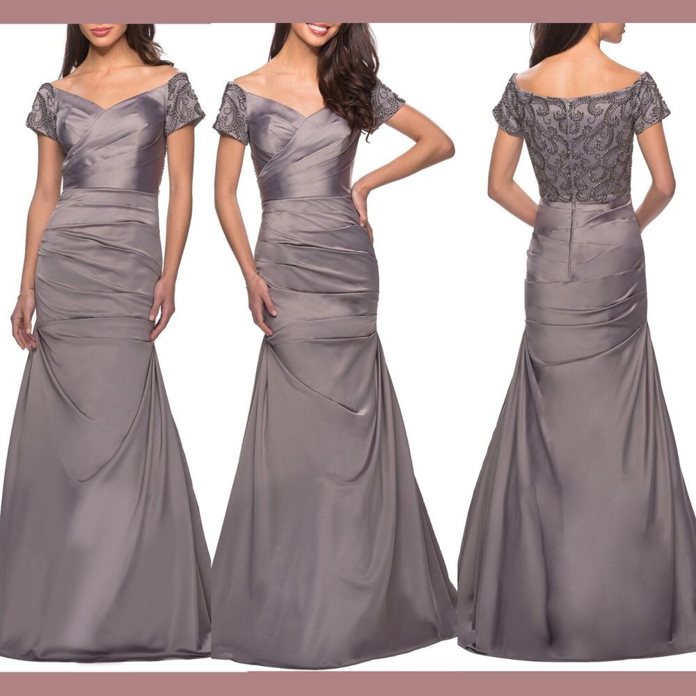 NWT $599 La Femme [ 16 ] Off the Shoulder Beaded Satin Trumpet Gown Silver S1189